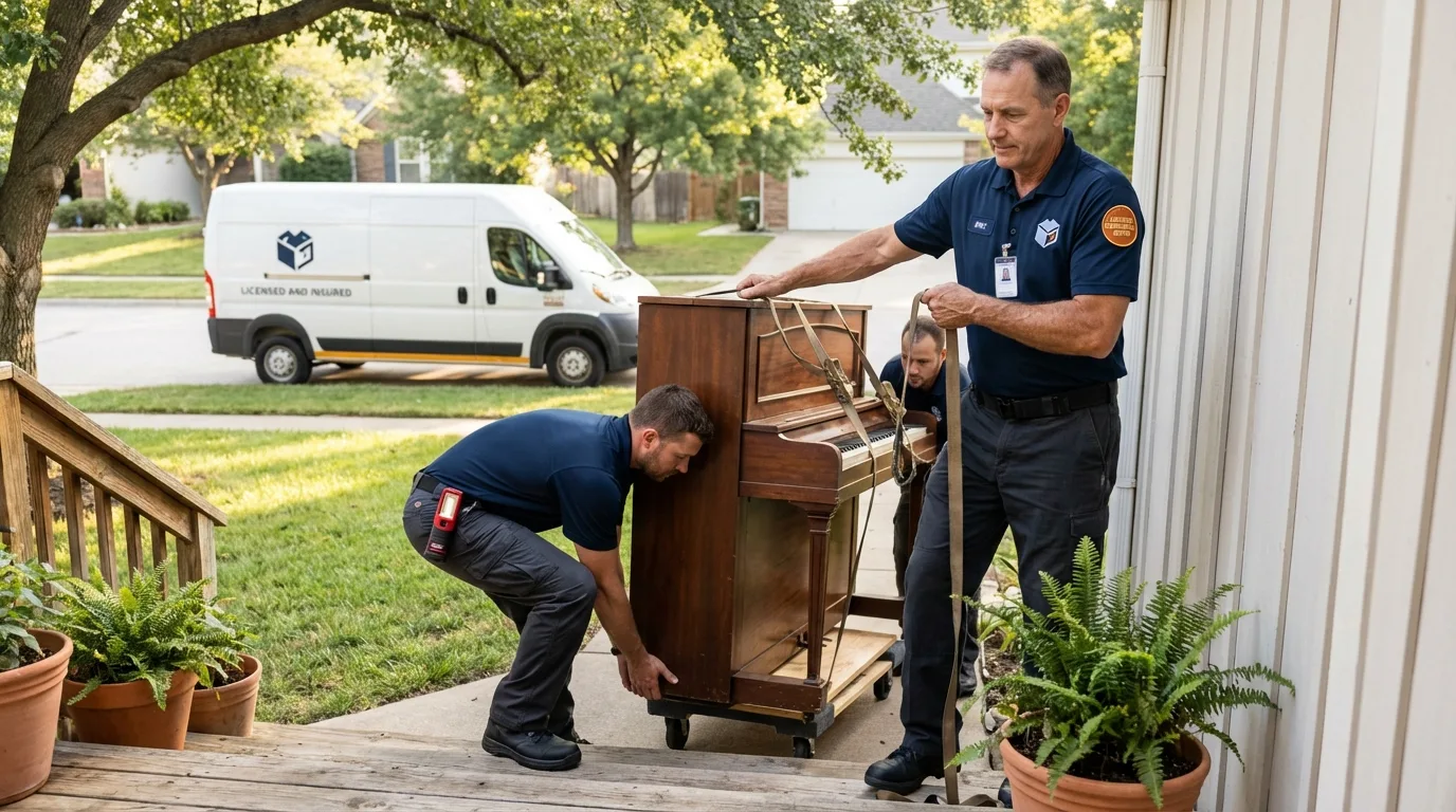 Licensed piano movers securing grand piano in Wellington, OH