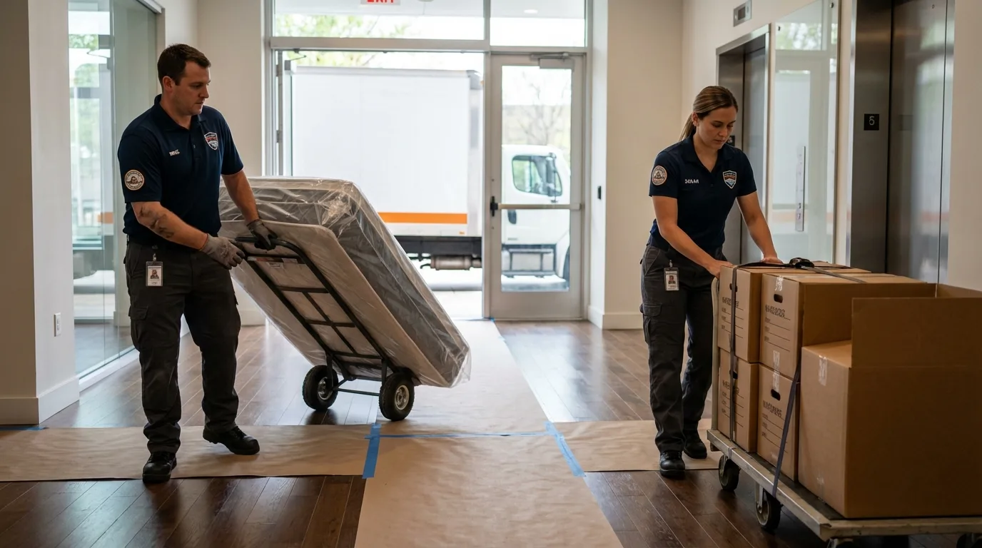 Professional apartment movers loading elevator in Wellington, OH