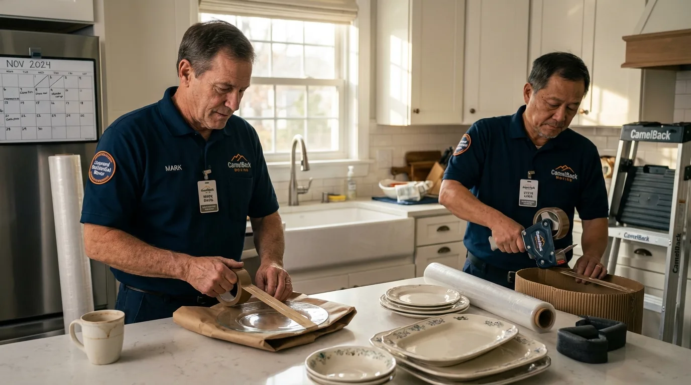 Professional crew packing kitchen dishware in Wellington, OH